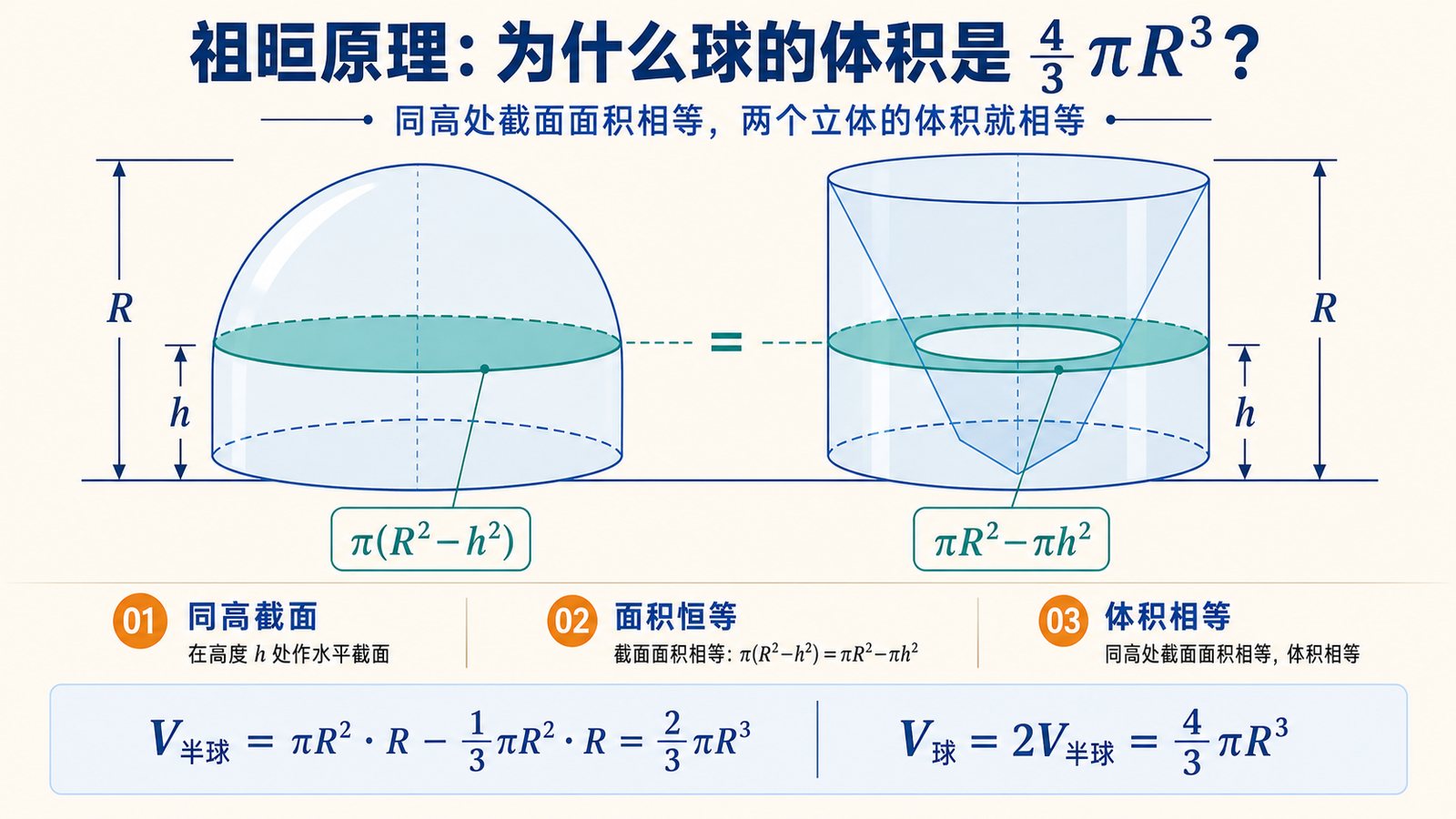 祖暅原理信息图知识卡：为什么球的体积是三分之四πR³